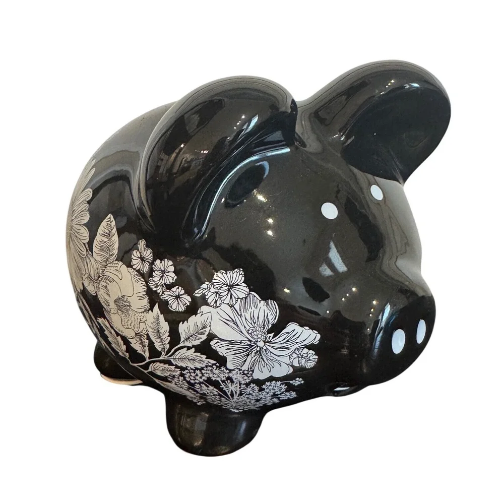 Target Black Floral Ceramic Piggy Bank White Botanical Glossy 065160130 2009